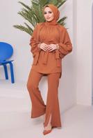 Hijab clothing BROWN BELTED PANTS SUIT WITH GEM DETAIL ELASTIC CUFFS 11051 
