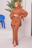 Hijab clothing BROWN BELTED PANTS SUIT WITH GEM DETAIL ELASTIC CUFFS 11051 