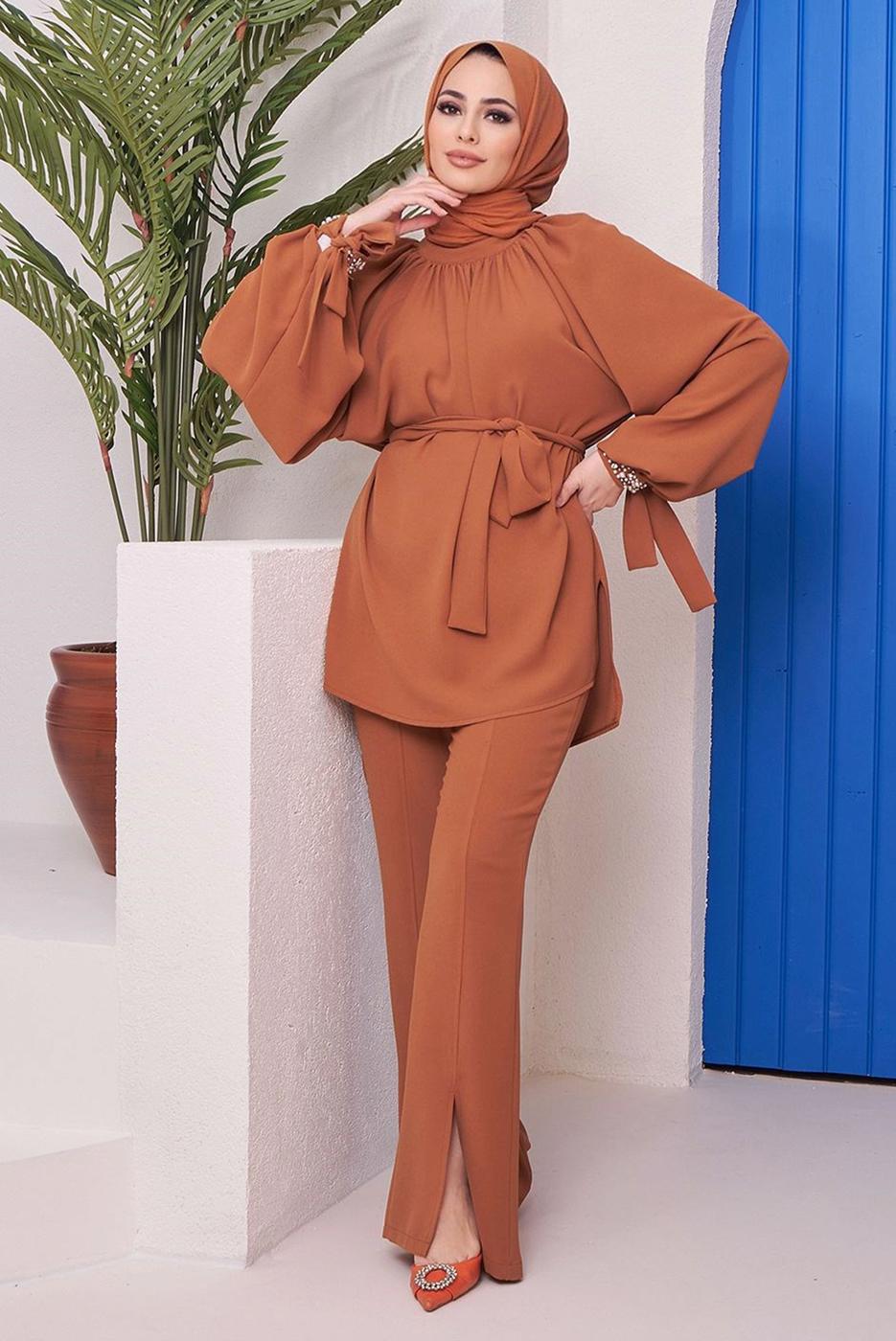 Hijab clothing BROWN BELTED PANTS SUIT WITH GEM DETAIL ELASTIC CUFFS 11051 