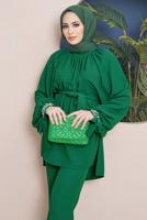 Tesettür giyim YEŞİL MANŞETLERİ TAŞ İŞLEMELİ BELİ KUŞAKLI PANT. TAKIM 11051	