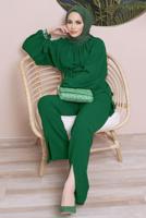 Tesettür giyim YEŞİL MANŞETLERİ TAŞ İŞLEMELİ BELİ KUŞAKLI PANT. TAKIM 11051	