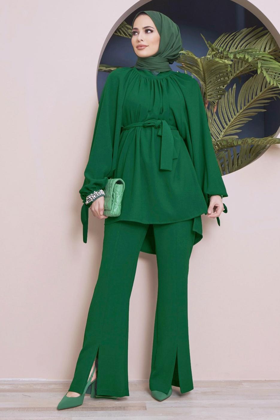 Tesettür giyim YEŞİL MANŞETLERİ TAŞ İŞLEMELİ BELİ KUŞAKLI PANT. TAKIM 11051	