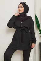 Tesettür giyim SİYAH BELDEN BAĞLAMALI FİTİLLİ PANTOLONLU TAKIM 18051 