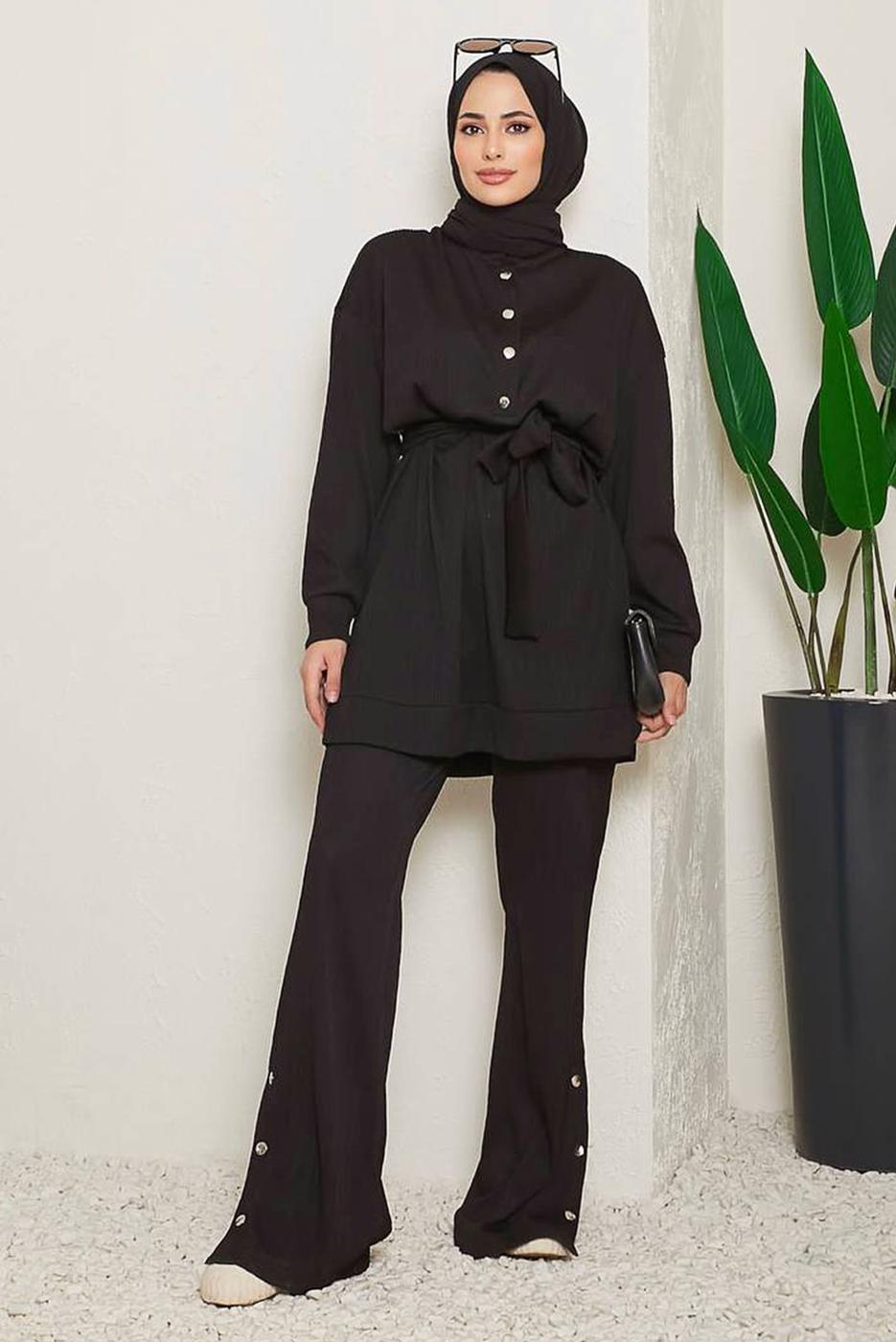 Tesettür giyim SİYAH BELDEN BAĞLAMALI FİTİLLİ PANTOLONLU TAKIM 18051 