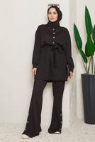 Tesettür giyim SİYAH BELDEN BAĞLAMALI FİTİLLİ PANTOLONLU TAKIM 18051 