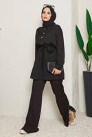 Tesettür giyim SİYAH BELDEN BAĞLAMALI FİTİLLİ PANTOLONLU TAKIM 18051 