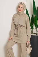 Tesettür giyim BEJ BELDEN BAĞLAMALI FİTİLLİ PANTOLONLU TAKIM 18051 