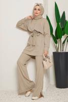 Tesettür giyim BEJ BELDEN BAĞLAMALI FİTİLLİ PANTOLONLU TAKIM 18051 
