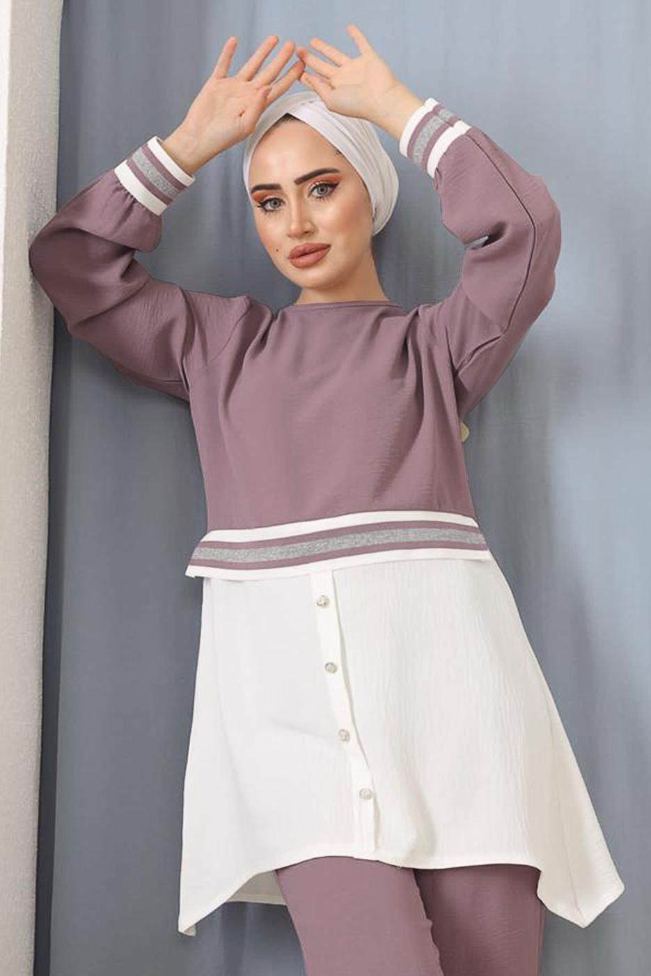 Tesettür giyim MOR PARÇA GÖMLEK DETAYLI PANT. TAKIM 1842 