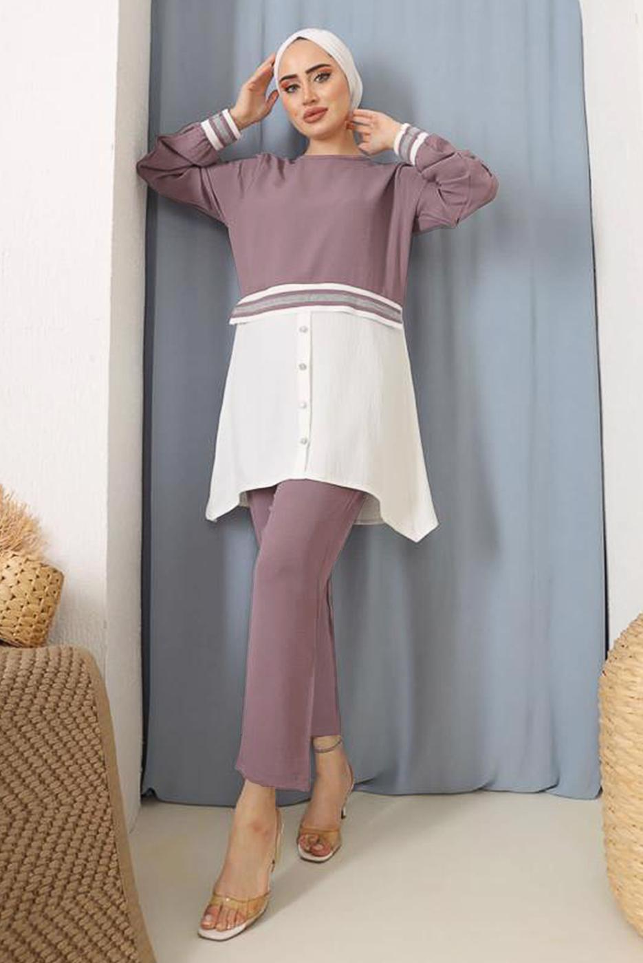 Tesettür giyim MOR PARÇA GÖMLEK DETAYLI PANT. TAKIM 1842 