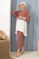 Tesettür giyim KAHVE PARÇA GÖMLEK DETAYLI PANT. TAKIM 1842 