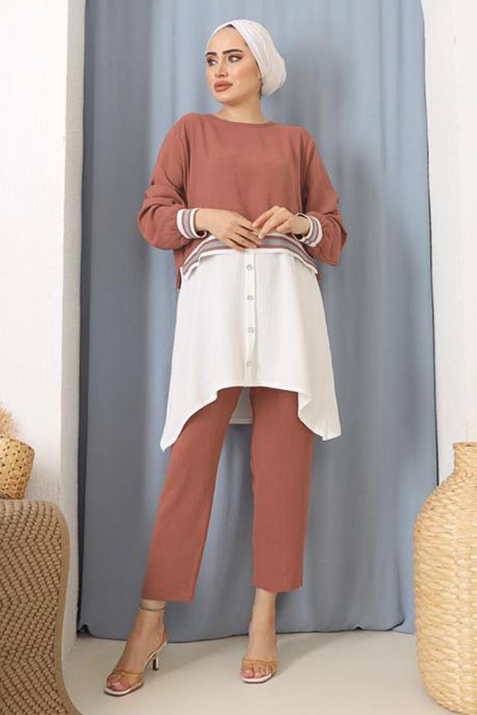 Tesettür giyim KAHVE PARÇA GÖMLEK DETAYLI PANT. TAKIM 1842 