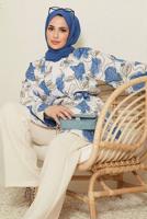 Tesettür giyim MAVİ KUŞAKLI DESENLİ PAMUKLU PANT. TAKIM 19051 