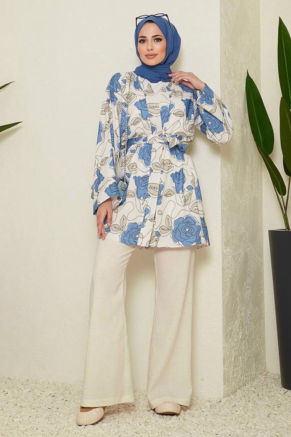 Tesettür giyim MAVİ KUŞAKLI DESENLİ PAMUKLU PANT. TAKIM 19051 