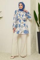 Tesettür giyim MAVİ KUŞAKLI DESENLİ PAMUKLU PANT. TAKIM 19051 