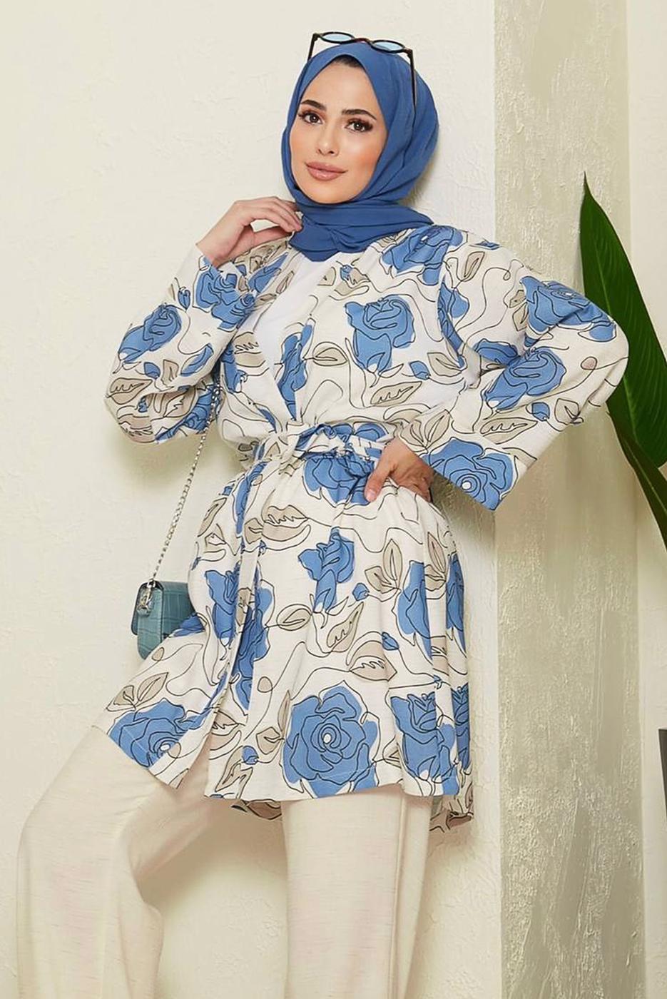 Tesettür giyim MAVİ KUŞAKLI DESENLİ PAMUKLU PANT. TAKIM 19051 