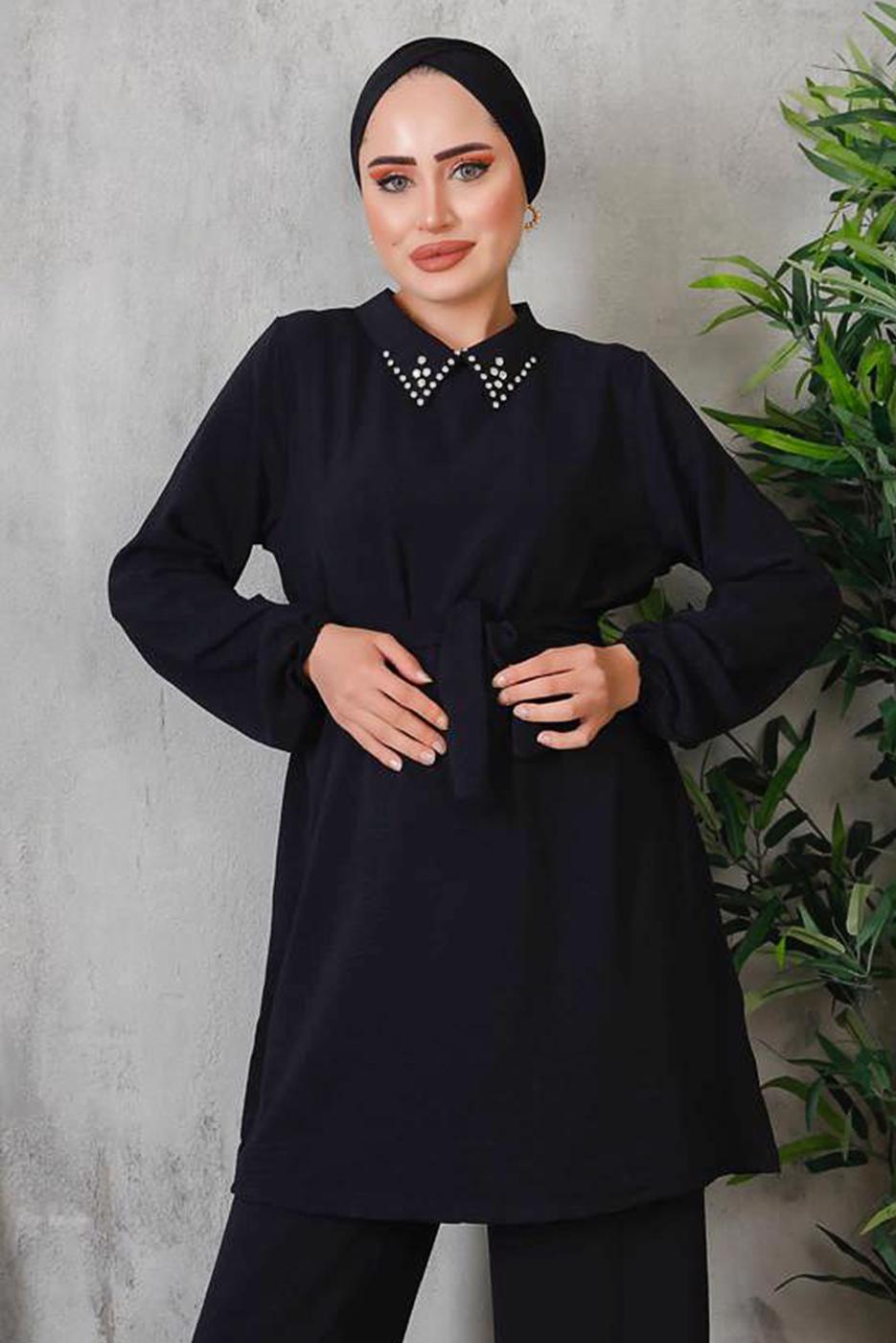 Tesettür giyim SİYAH YAKASI TAŞ DETAYLI PANT. TAKIM 1952  