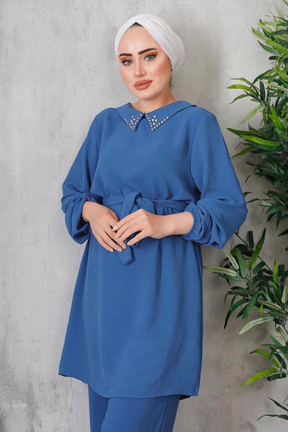 Tesettür giyim LACİVERT YAKASI TAŞ DETAYLI PANT. TAKIM 1952  