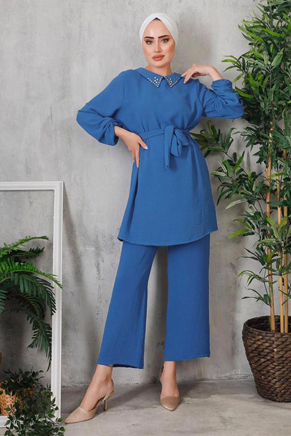 Tesettür giyim LACİVERT YAKASI TAŞ DETAYLI PANT. TAKIM 1952  