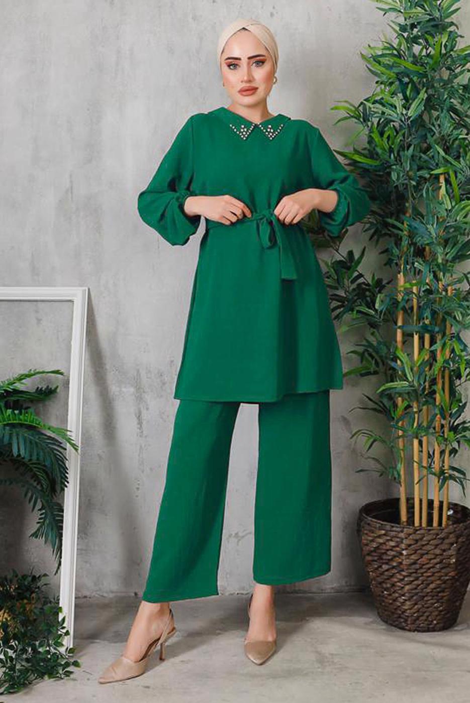 Tesettür giyim YEŞİL YAKASI TAŞ DETAYLI PANT. TAKIM 1952  