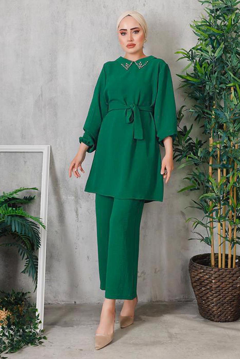 Tesettür giyim YEŞİL YAKASI TAŞ DETAYLI PANT. TAKIM 1952  