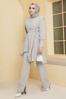 Vêtements hijab GRIS ENSEMBLE PANTALON COUPE ASYMETRIQUE CEINTURE 20002