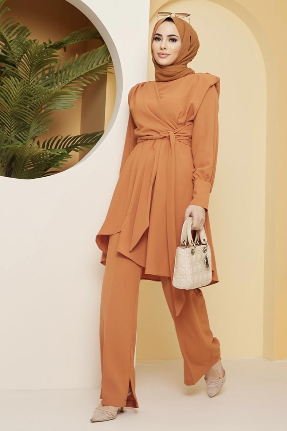 Vêtements hijab ORANGE ENSEMBLE PANTALON COUPE ASYMETRIQUE CEINTURE 20002