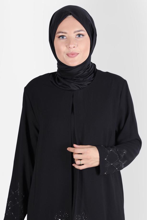Tesettür giyim SİYAH ALVİNA BÜYÜK BEDEN TAŞLI PANTOLONLU TAKIM T 20241 - TRENDTESETTÜR