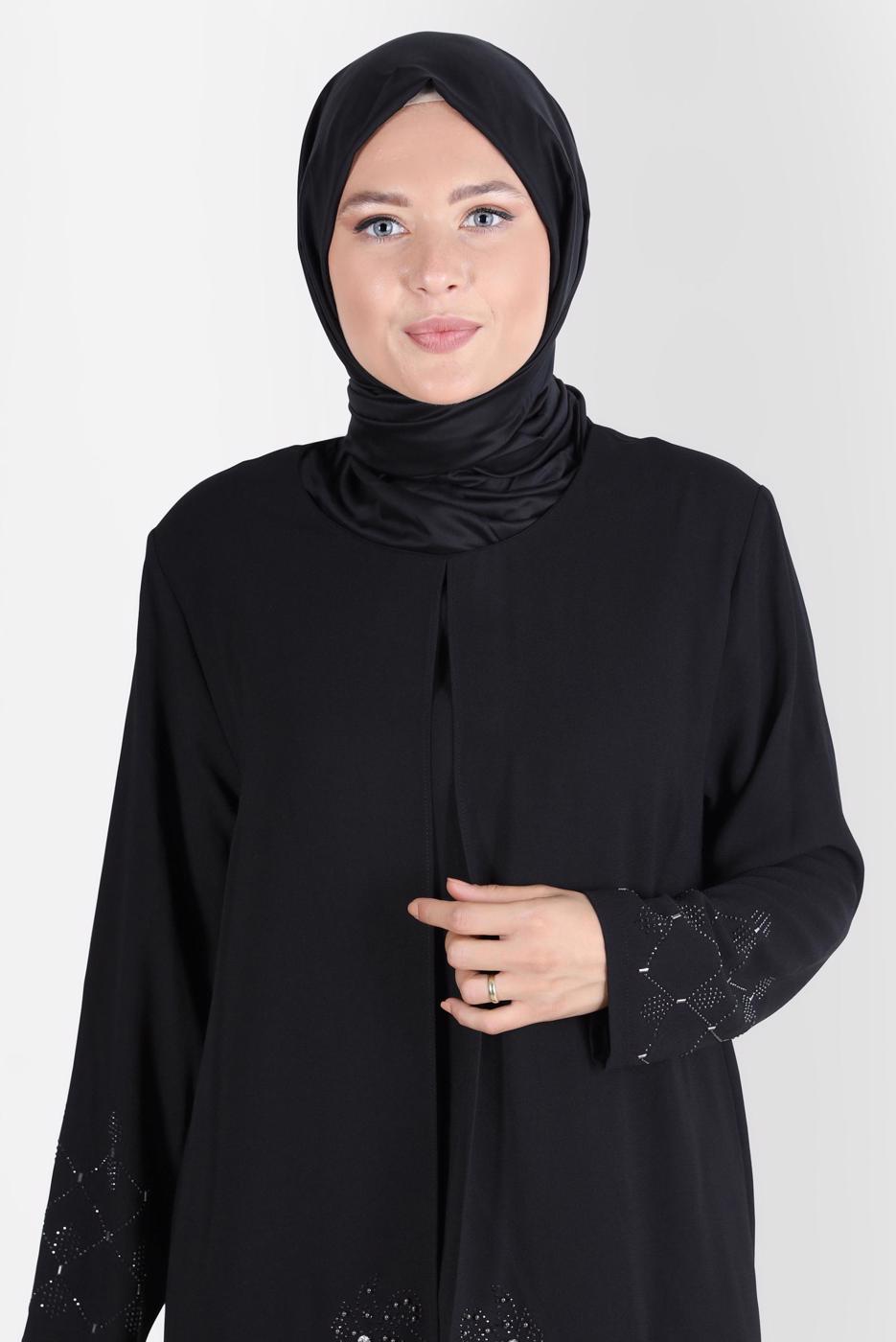 Tesettür giyim SİYAH ALVİNA BÜYÜK BEDEN TAŞLI PANTOLONLU TAKIM T 20241