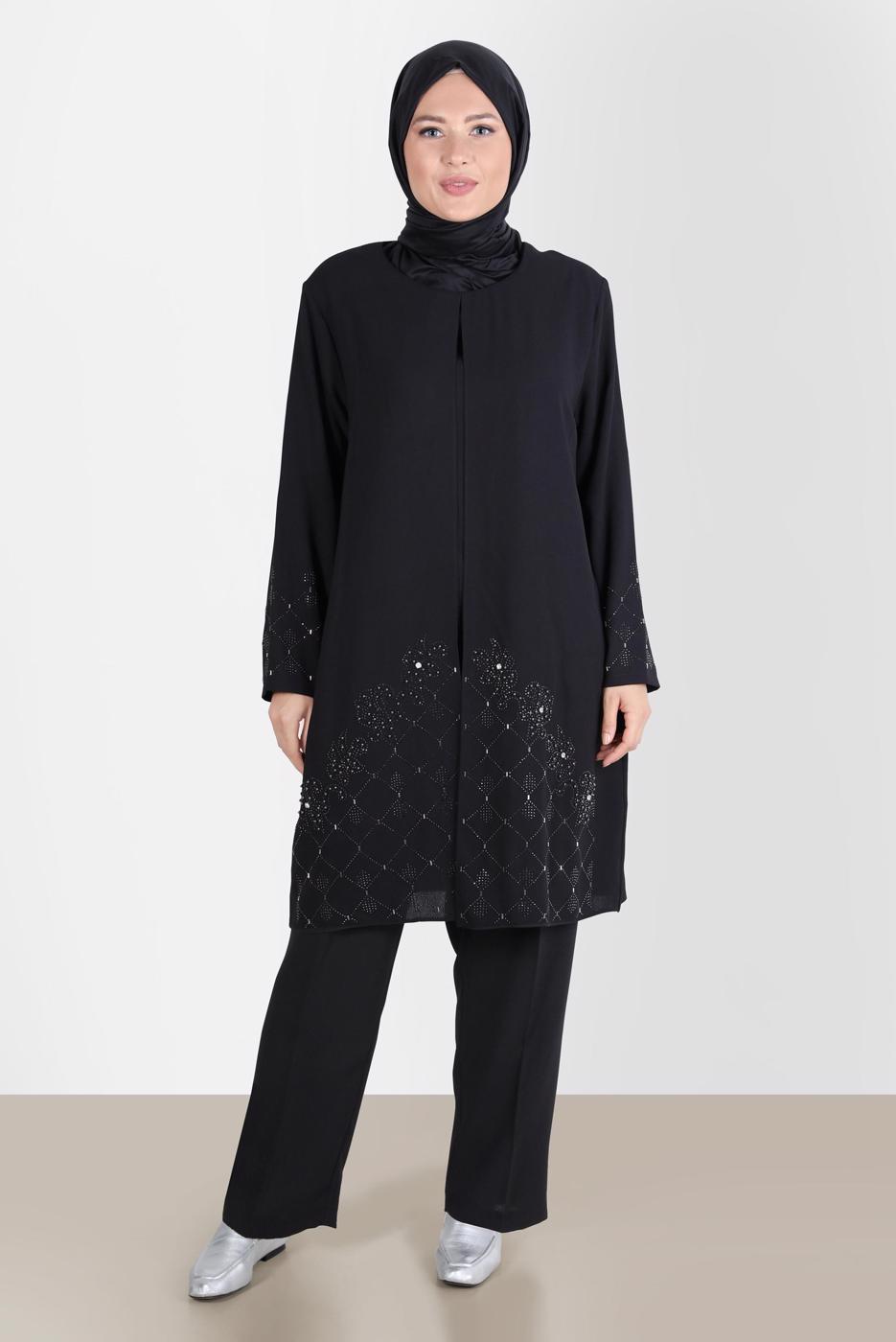 Tesettür giyim SİYAH ALVİNA BÜYÜK BEDEN TAŞLI PANTOLONLU TAKIM T 20241