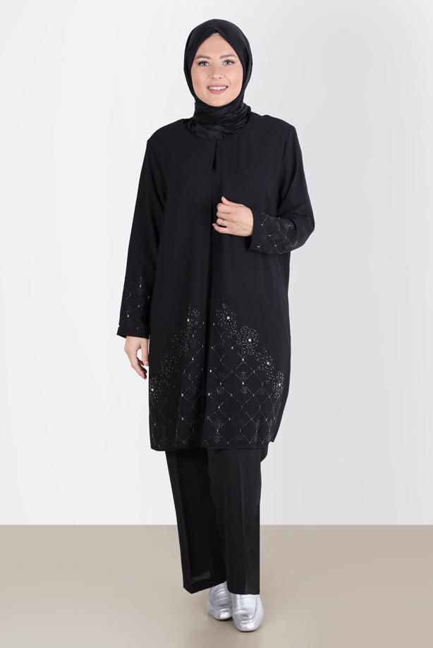 Tesettür giyim SİYAH ALVİNA BÜYÜK BEDEN TAŞLI PANTOLONLU TAKIM T 20241 - TRENDTESETTÜR