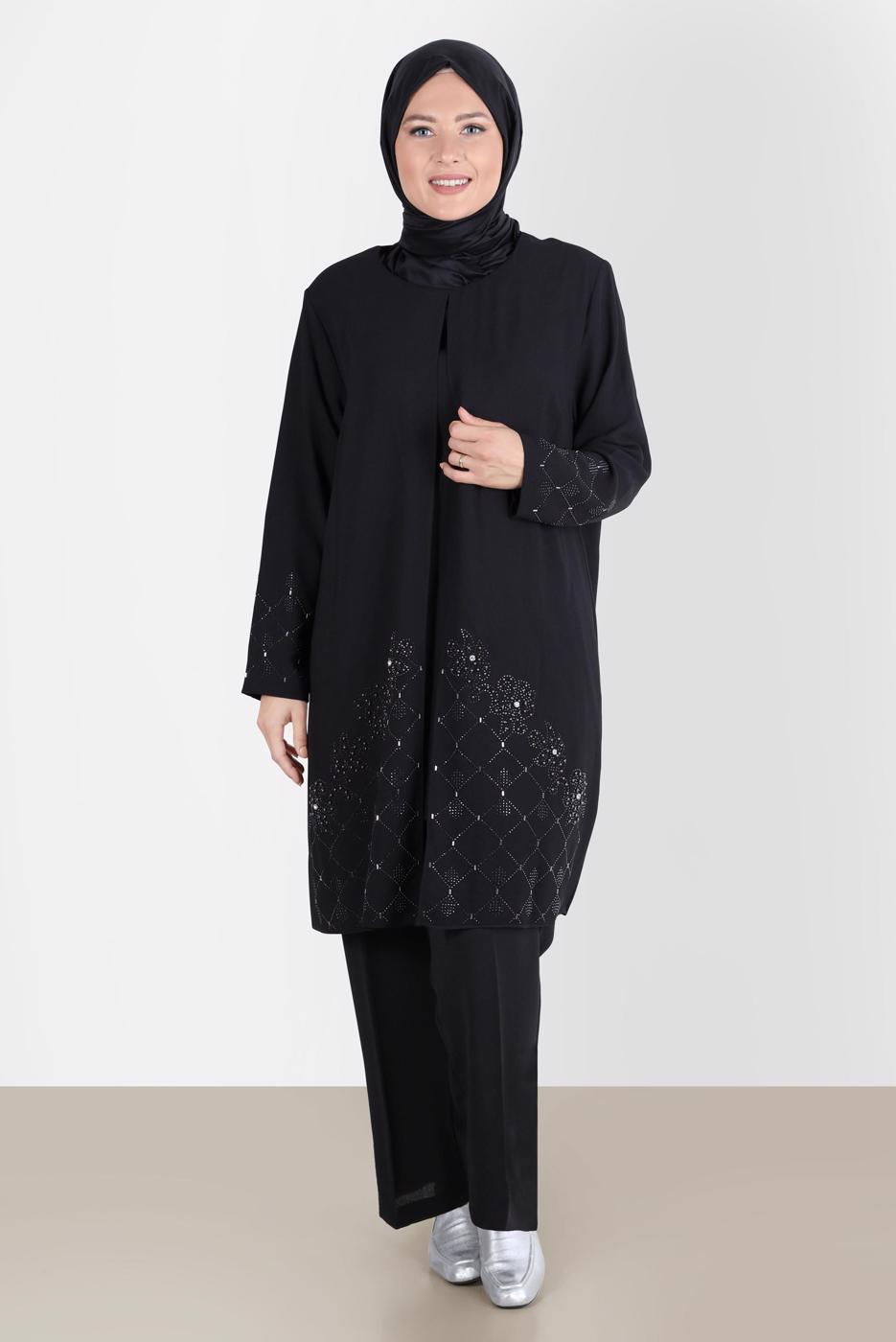 Tesettür giyim SİYAH ALVİNA BÜYÜK BEDEN TAŞLI PANTOLONLU TAKIM T 20241