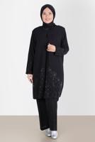 Tesettür giyim SİYAH ALVİNA BÜYÜK BEDEN TAŞLI PANTOLONLU TAKIM T 20241