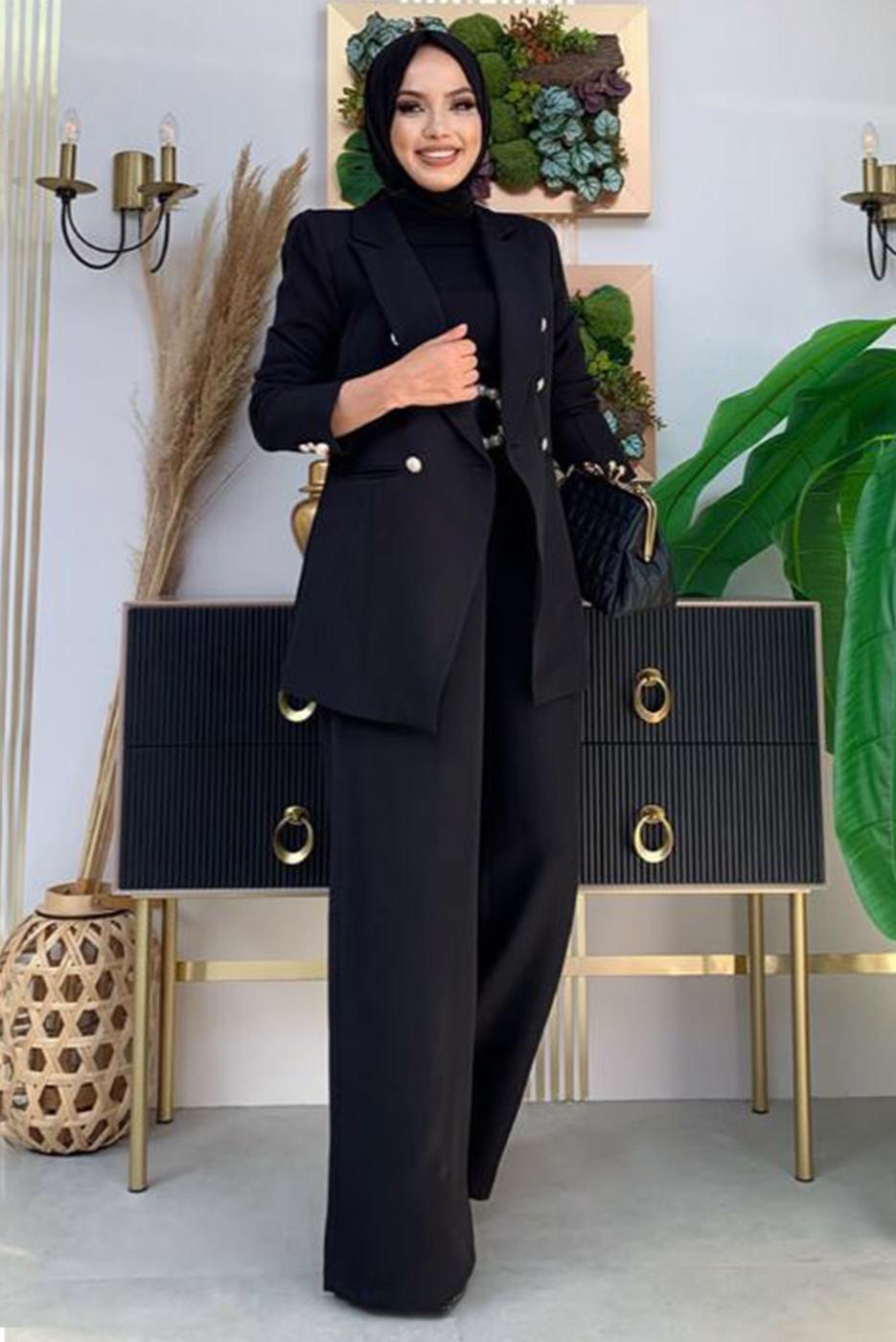 Tesettür giyim SİYAH KLASİK PANTOLONLU TAKIM T 2038