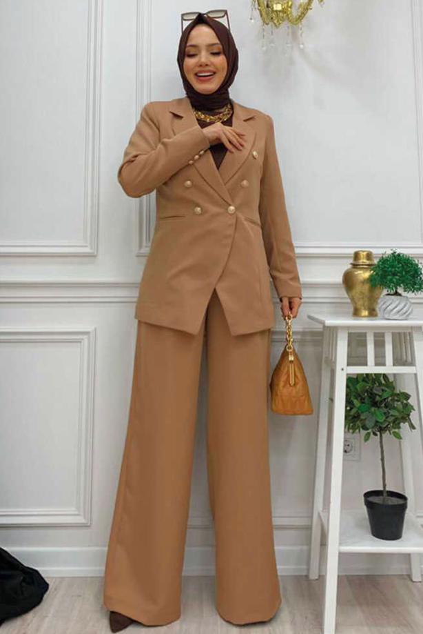 Tesettür giyim KAHVE T 2038 BYM- PANT. TAKIM - TRENDTESETTÜR