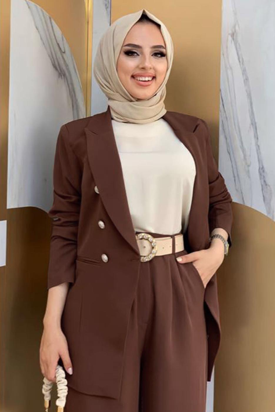 Tesettür giyim KAHVE KLASİK PANTOLONLU TAKIM T 2038