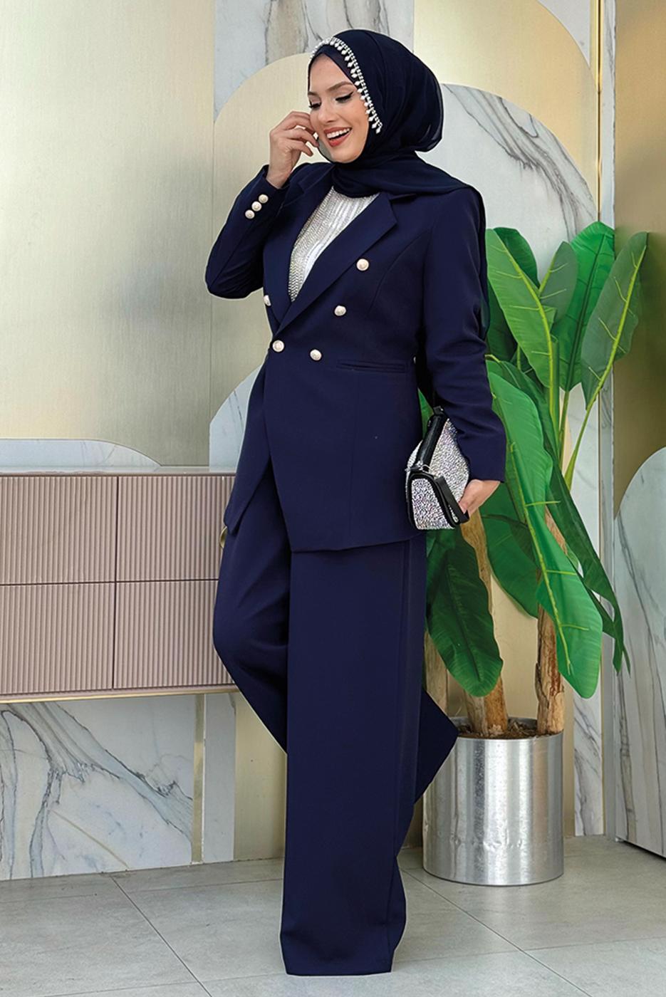 Tesettür giyim LACİVERT KLASİK PANTOLONLU TAKIM T 2038