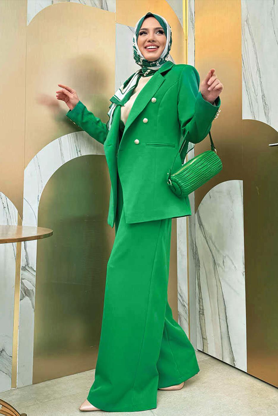 Tesettür giyim YEŞİL KLASİK PANTOLONLU TAKIM T 2038