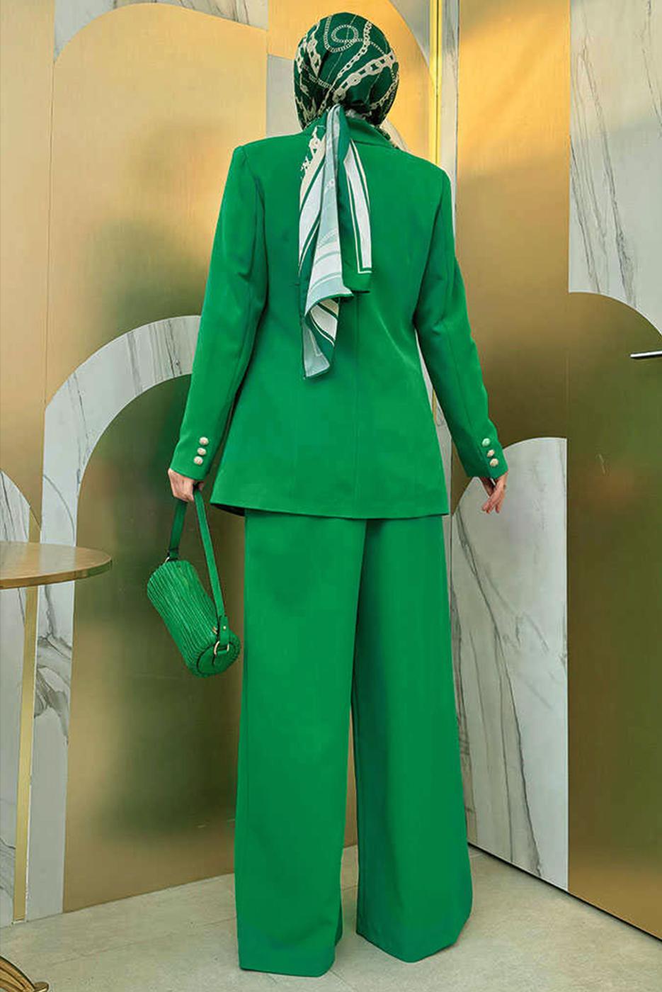 Tesettür giyim YEŞİL KLASİK PANTOLONLU TAKIM T 2038
