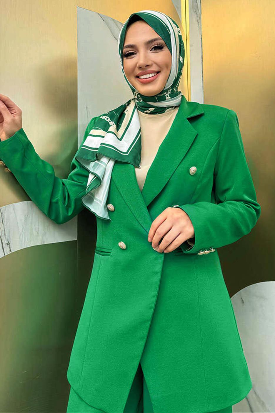 Tesettür giyim YEŞİL KLASİK PANTOLONLU TAKIM T 2038