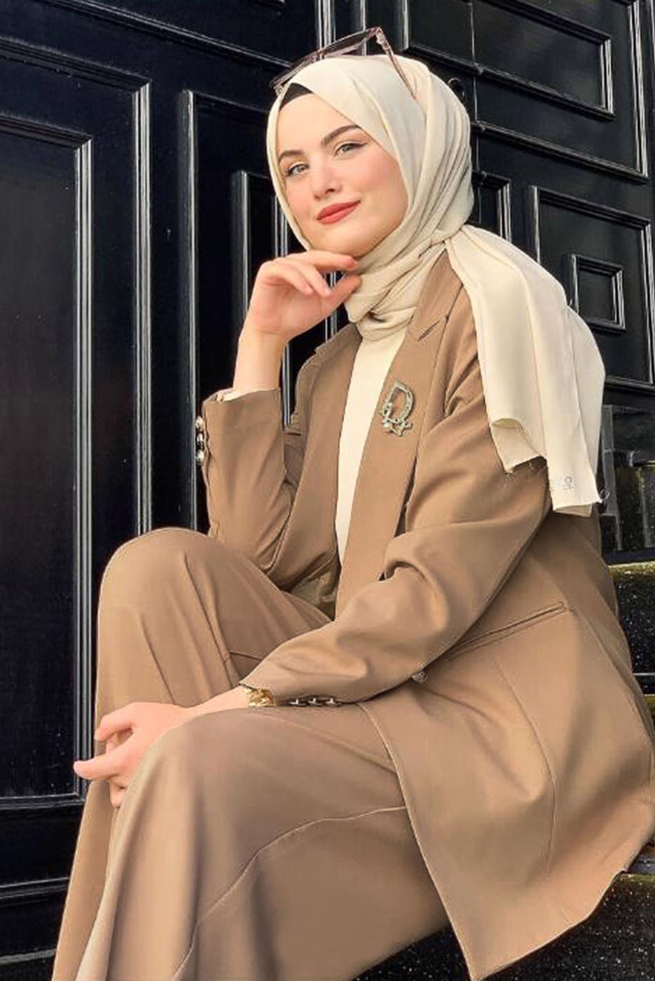 Tesettür giyim VİZON KLASİK PANTOLONLU TAKIM T 2038