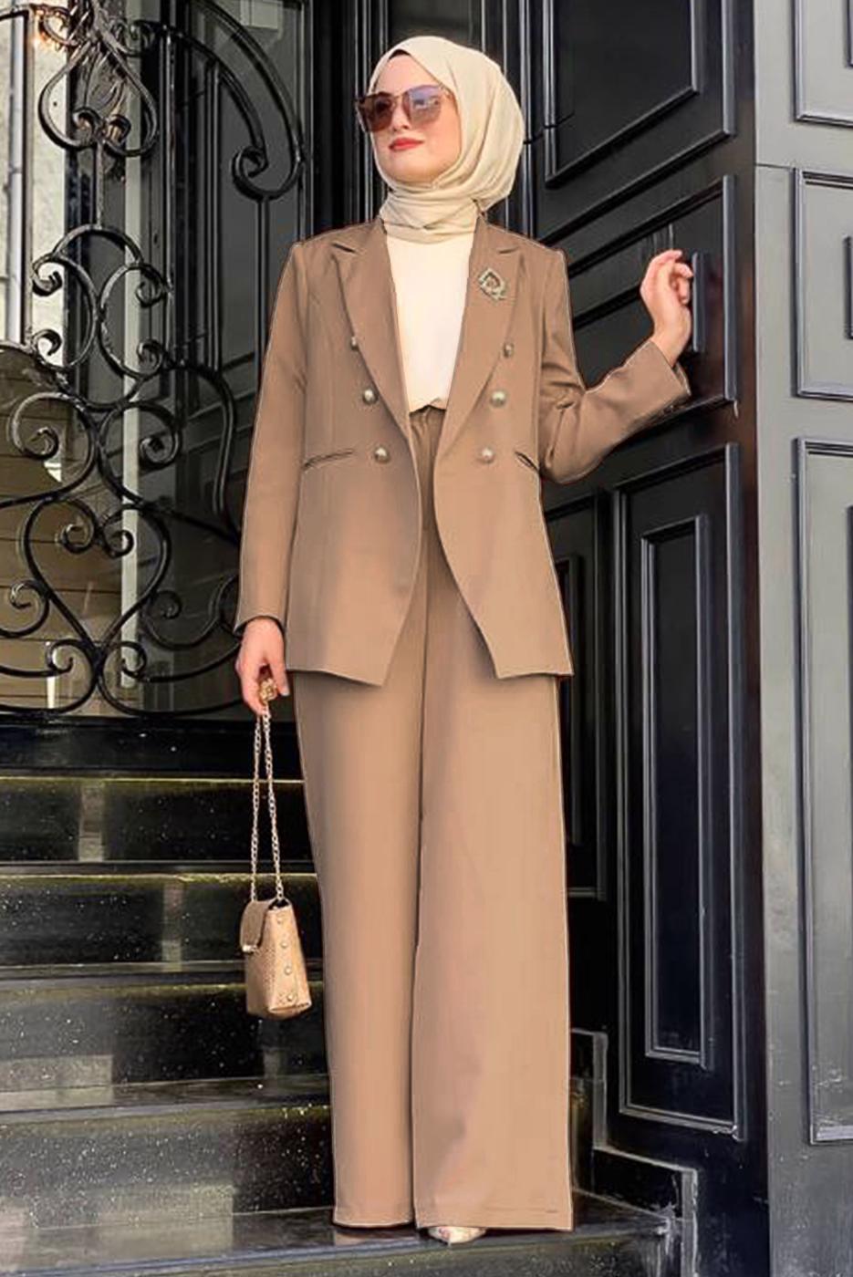 Tesettür giyim VİZON KLASİK PANTOLONLU TAKIM T 2038