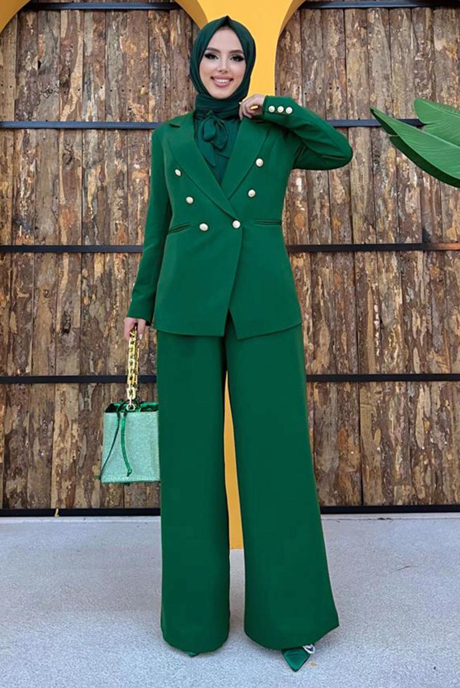 Tesettür giyim YEŞİL KLASİK PANTOLONLU TAKIM T 2038
