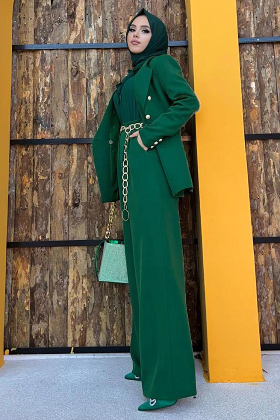 Tesettür giyim YEŞİL KLASİK PANTOLONLU TAKIM T 2038