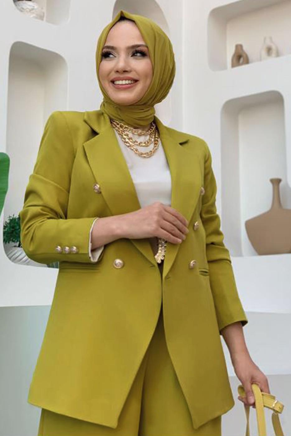 Tesettür giyim YEŞİL KLASİK PANTOLONLU TAKIM T 2038