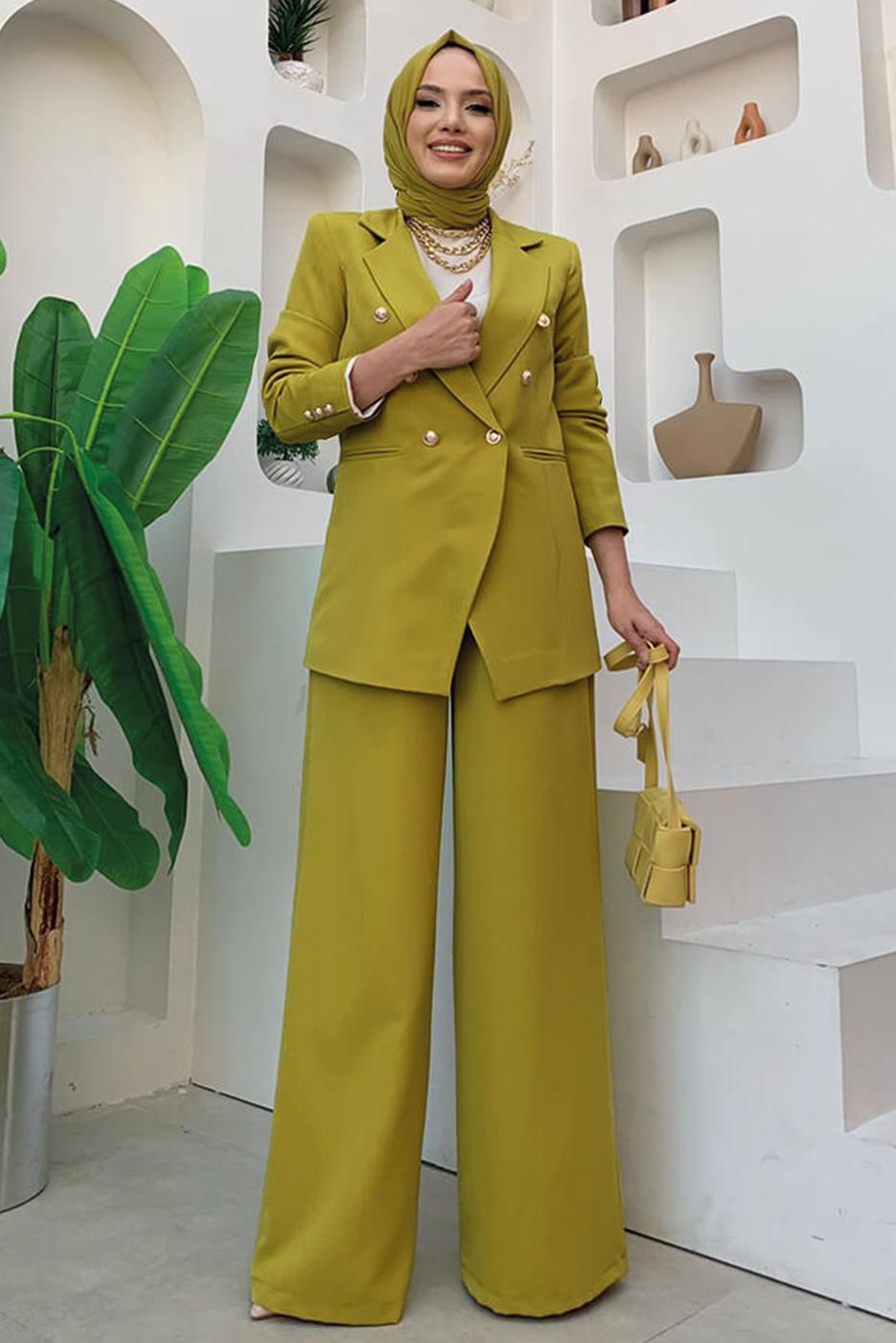 Tesettür giyim YEŞİL KLASİK PANTOLONLU TAKIM T 2038
