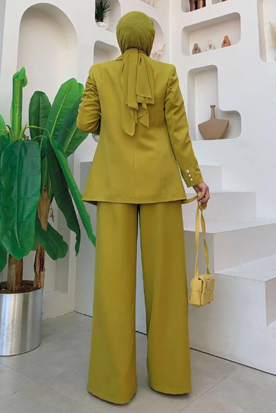 Tesettür giyim YEŞİL KLASİK PANTOLONLU TAKIM T 2038