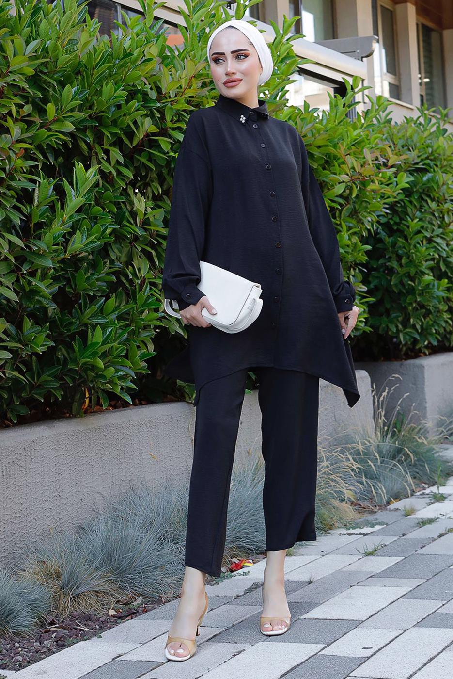 Tesettür giyim SİYAH YAKASI İNCİLİ PANT. TAKIM 2352 