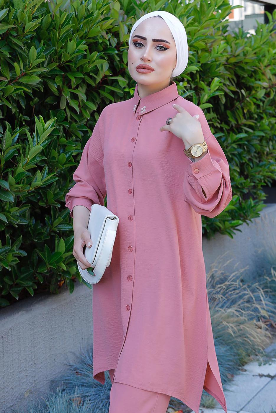 Tesettür giyim PEMBE YAKASI İNCİLİ PANT. TAKIM 2352 