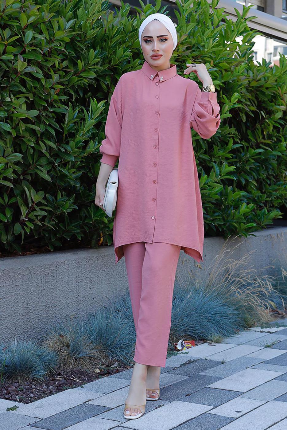 Tesettür giyim PEMBE YAKASI İNCİLİ PANT. TAKIM 2352 
